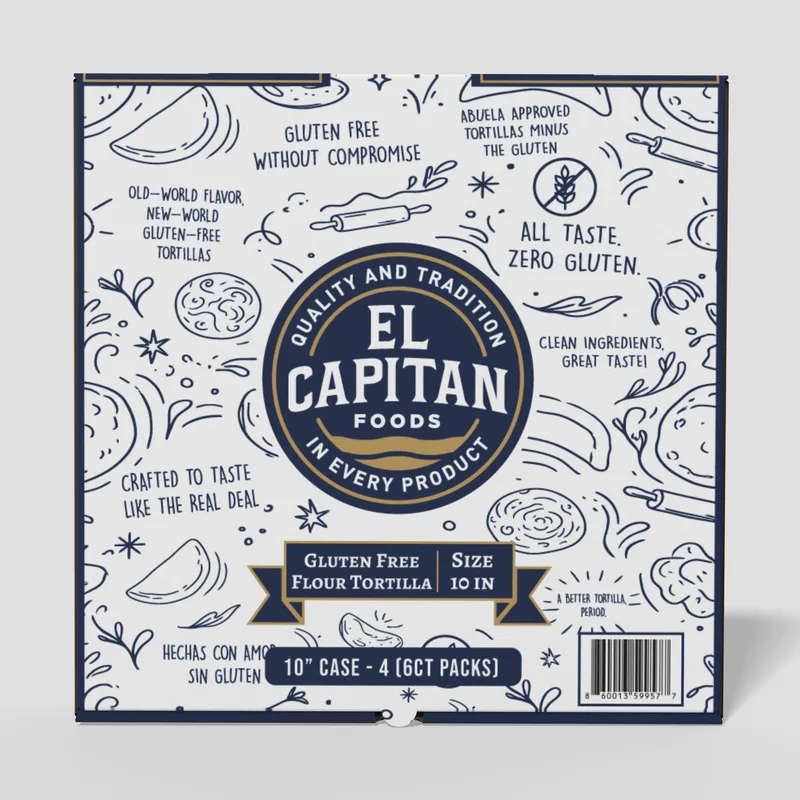 El Capitan Foods gluten free flour tortillas 10 inch package with traditional design and product details