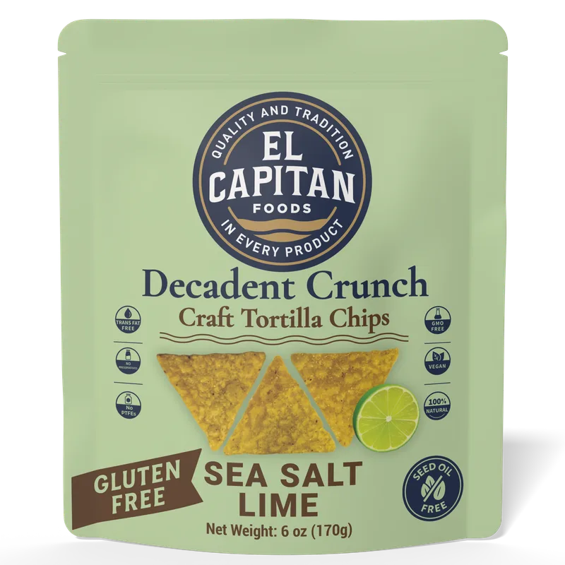 El Capitan Foods Decadent Crunch lime tortilla chips sea salt gluten free snack bag