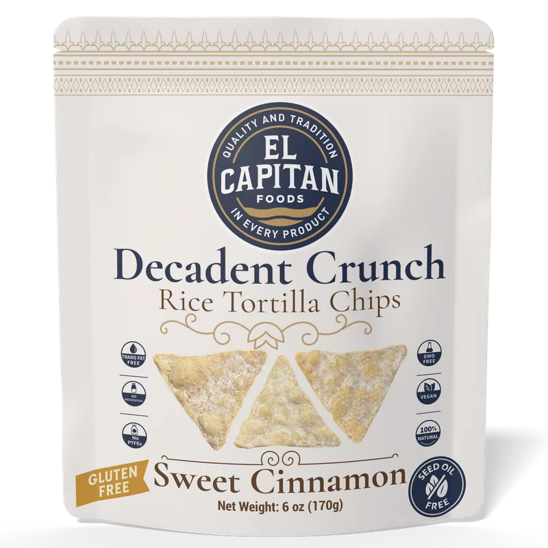 El Capitan Foods Decadent Crunch sweet cinnamon rice tortilla chips gluten free vegan 6 oz bag